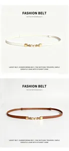 Thin leather belt with pearl metal buckle, elegant strap accessory for women dresses and jeans.