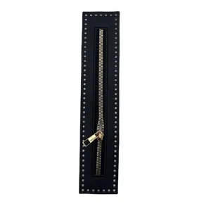 Black PU leather zipper strip detail for DIY handmade bags with gold metal zipper pull.