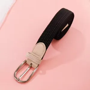 Women elastic woven belt with metal pin buckle, casual stretch waistband for jeans.