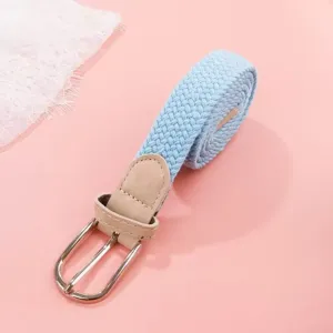Women's light blue braided elastic belt with silver metal buckle, casual stretch waistband.