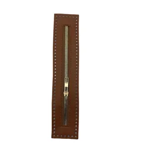 Brown PU leather DIY bag zipper replacement strip with hand-sewing holes and metal zipper.