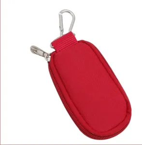 Close-up detail of the red portable storage bag zipper and metal carabiner hook for daily use.