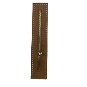 Brown PU leather zipper tape strap for DIY handmade bags with neat sewing holes and metal pull.
