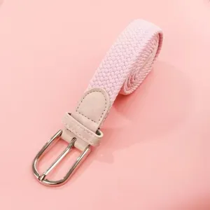 Women pink woven elastic belt with silver metal buckle, casual stretch belt for jeans.