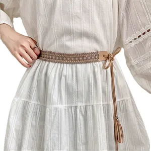 Women's handmade braided waist belt with tassels, vintage hollow out decorative belt for dress.