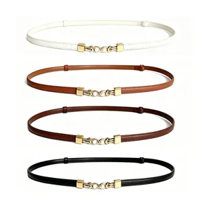 Women Thin PU Leather Belt Elegant Pearl Metal Buckle Dress Waist Belt Versatile Casual Waistband Jewelry