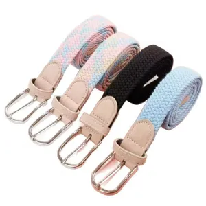Woven elastic belt for women, stretch braided belt with metal buckle, stylish main view.