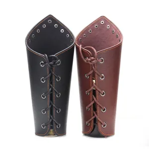 Punk style wide leather wrist guard bracelet with metal eyelets and lace up design.