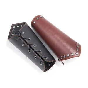 Punk leather wristband detail showing metal rivets, eyelets, and adjustable wax rope lacing.