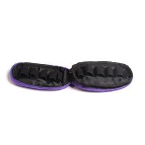 Essential oil storage case detail view, 10 slots portable travel organizer bag purple.