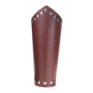 Brown leather bracer with metal rivets and contrast stitching for punk cosplay costume.