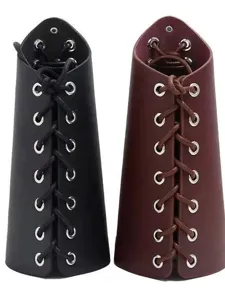 Punk leather wrist cuff with metal eyelets and lace-up design, gothic gauntlet accessory.