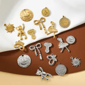 Stainless Steel Pendant DIY Jewelry Accessories Gold Silver Plated Bear Bow Sun Ballerina Coin Medal Heart Alphabet Pendant Charms For Necklace Making Handmade