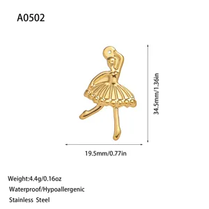 Gold ballerina dancer pendant detail showing dimensions 34.5x19.5mm in stainless steel