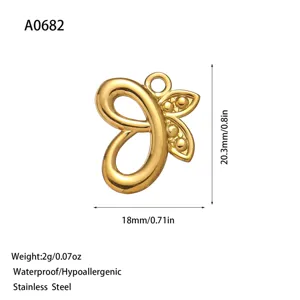 Detailed view of a gold stainless steel letter J pendant with size measurements