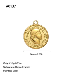 Close-up detail of a 16mm gold stainless steel coin pendant with engraved profile