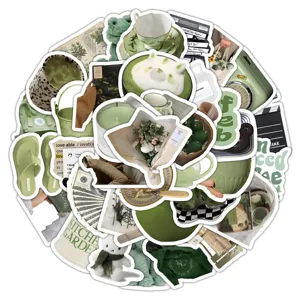 Lot de 60 autocollants esthétiques verts rétro mignons journal imperméable papeterie DIY