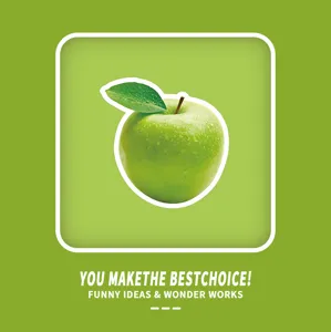 Creative green apple sticker design for laptop and luggage decor, vibrant fruit decal.