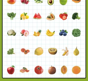 Detail view of fruit and vegetable sticker sheet, featuring various cute designs for decoration.
