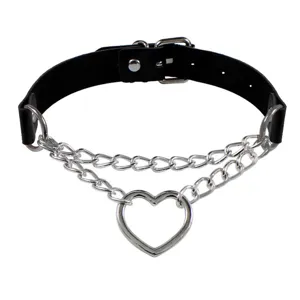 Punk PU Leather Heart Chain Choker Necklace Artificial Leather Zinc Alloy Women Fashion Jewelry Collar