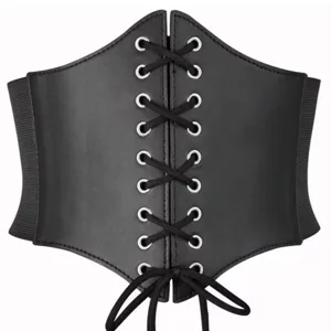 Donna cintura corset in pelle nera elegante corsetto stringata per abiti vista principale