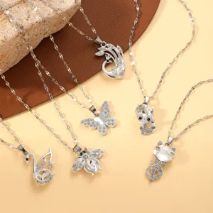 Titanium Steel Animal Pendant Necklace Pave Rhinestone Swan Bee Butterfly Peacock Fox Cat Jewelry For Women Gift