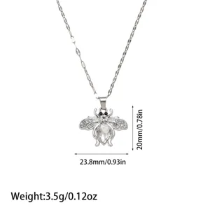 Detailed macro view of silver bee pendant necklace including dimensions and weight data