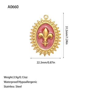 Detail view of fleur-de-lis stainless steel pendant with dimensions and weight info.