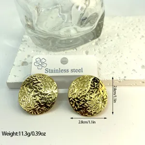 Detailed view of gold hammered stainless steel earrings with size and weight info.