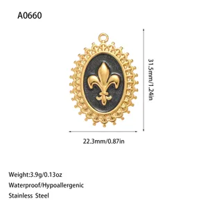 Detailed view of oval stainless steel Fleur-de-lis pendant showing size and weight
