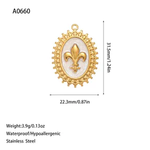 Detail of gold stainless steel fleur-de-lis oval pendant with dimensions and weight info.