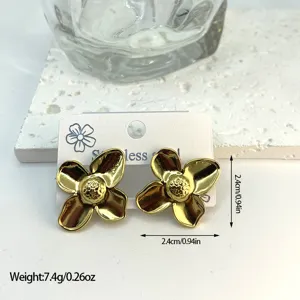 Detailed view of elegant gold stainless steel flower earrings with size and weight specs