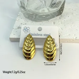Close-up of gold stainless steel striped geometric earrings showing size and weight details