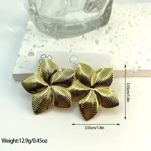 Macro detail of textured gold flower earrings with size and weight specifications