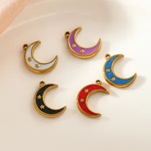 Pendentif Lune Croissante en Acier Inoxydable Émail Étoile d'Or Charme Pour Collier Bracelet DIY Accessoire Bijoux