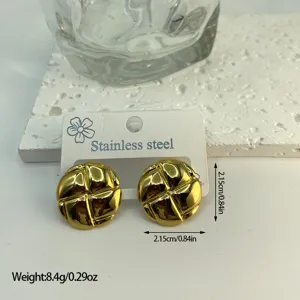 Geometric gold-plated stainless steel stud earrings with intricate striped texture.