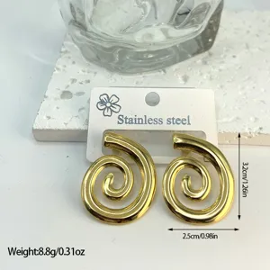 Macro view of gold-tone stainless steel spiral earrings with size and weight annotations