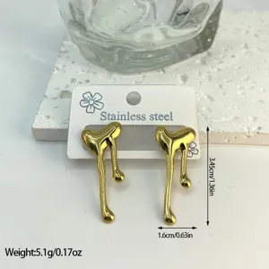 Detail of gold dripping geometric earrings with size and weight specifications.