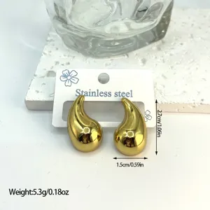 Close-up of gold geometric teardrop earrings showing product dimensions and weight.