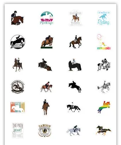Sammlung von Reiter- und Reitaufklebern mit künstlerischen Designs und Slogans.