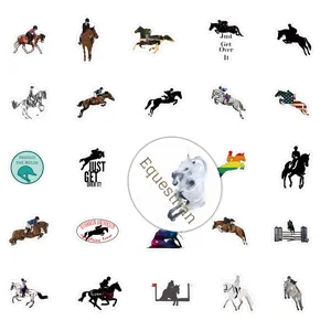 Sortiertes Collage von Reitsport-Aufklebern mit Reitern und springenden Pferde-Silhouetten.