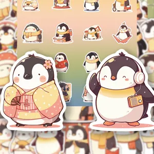 Cute cartoon penguin stickers detail showing cute animals wearing kimono and headphones for decoration.