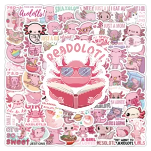 Cute pink axolotl stickers 100pcs waterproof vinyl decal pack for notebook journal decor.