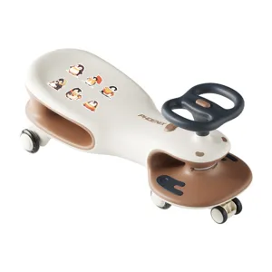 Detailed view of kids ride-on swing car with cute penguin stickers and smooth wheels.
