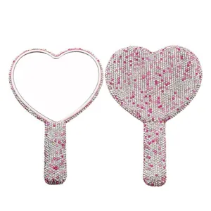 Heart-shaped rhinestone handheld makeup mirror, portable cute sparkling cosmetic mirror with handle