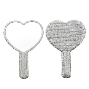 Sparkling rhinestone heart hand mirror, cute portable makeup mirror with handle for daily use.