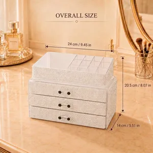 Dimensions of the luxurious three-layer rhinestone jewelry organizer on a vanity
