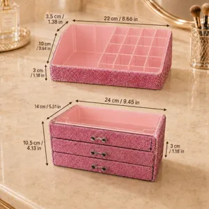 Close-up of pink glitter jewelry organizers with detailed dimensions