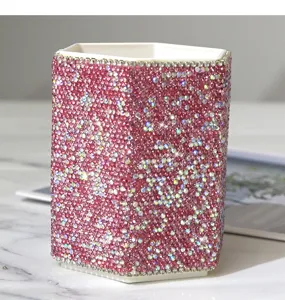 Bling rhinestone makeup brush holder pink crystal hexagonal desktop organizer pen storage cup