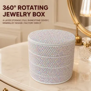 Detailed view of the 4-layer rotating rhinestone jewelry box showing sparkling AB crystal cover.